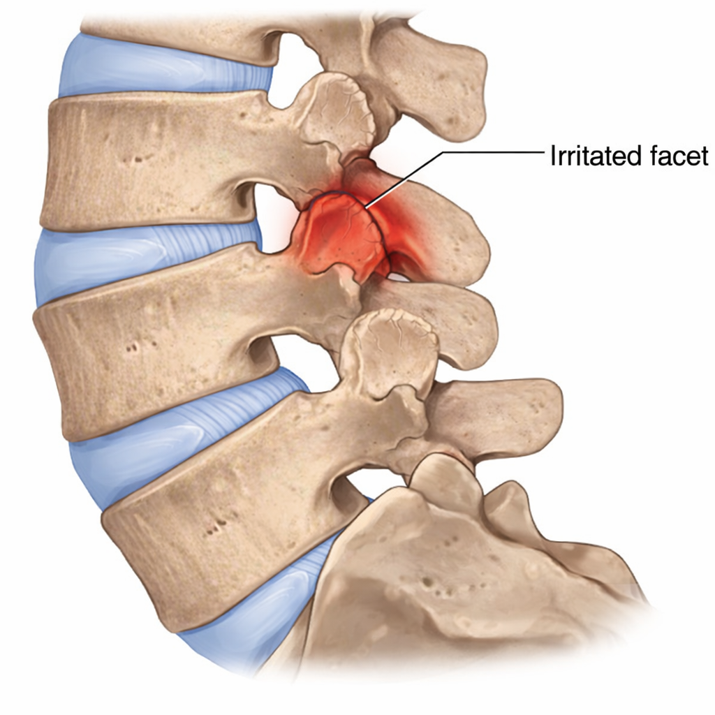 Facet joint syndrome diagram showing inflamed facet joints in the spine